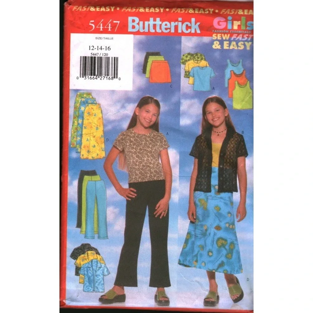 Butterick‎ 5447 Girls Sewing Pattern Shirt Top Skirt Pants Size 12-14-16 Vintage